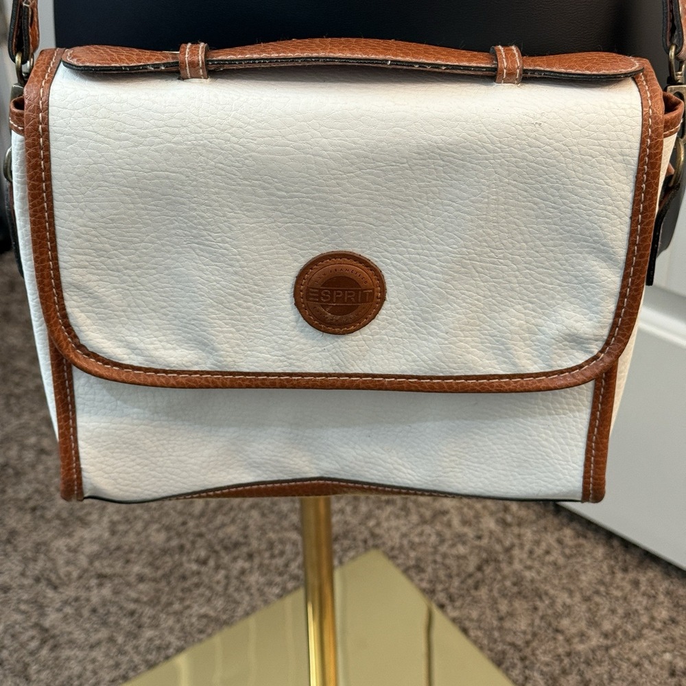 Vintage 90's Esprit Cross Body Purse - White Pebble Texture with‎ Brown Trim